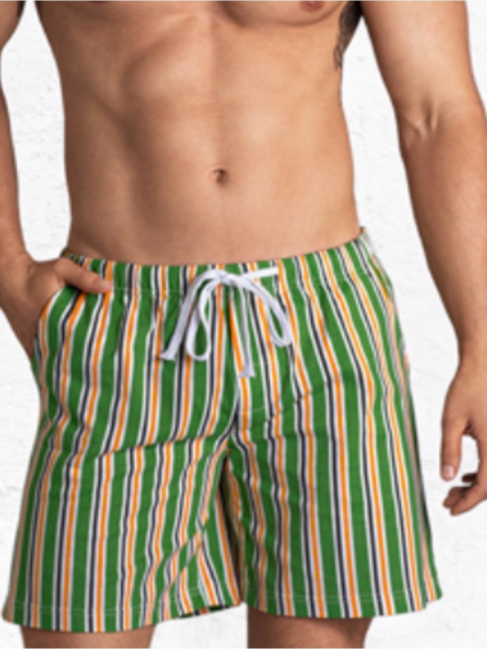 Striped Green Men's pajama pj’s Trunks with White Drawstring